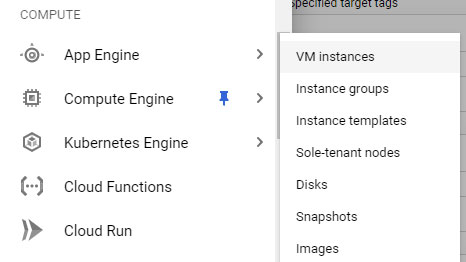 Google Cloud compute engine menu